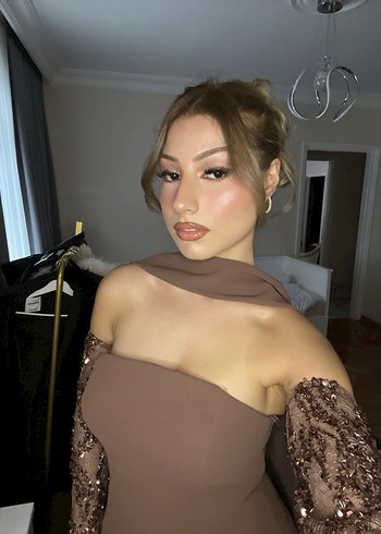 Uzun Kol Drapeli Kahverengi Straplez Elbise - Görsel 3