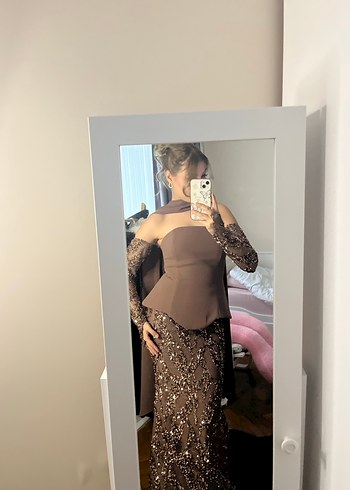 Uzun Kol Drapeli Kahverengi Straplez Elbise - Görsel 2