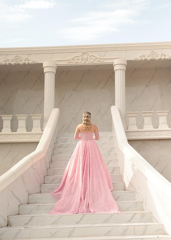 Pembe Dantel İşlemeli Uzun Nişan Elbisesi - Görsel 3