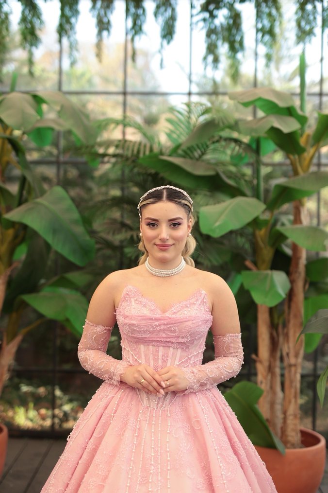 Pembe Dantel İşlemeli Uzun Nişan Elbisesi - Görsel 2