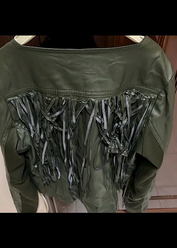 Derin Yeşil Mini Deri Ceket Püsküllü - Görsel 2