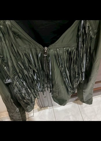 Derin Yeşil Mini Deri Ceket Püsküllü - Görsel 3