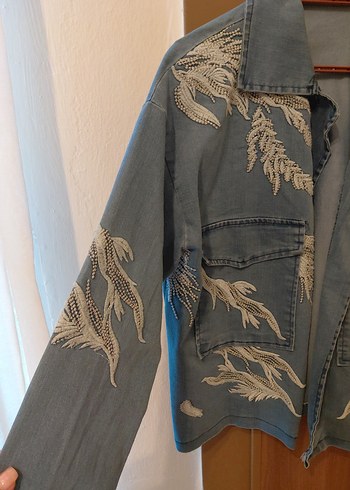 Nakışlı Bohem Mavi Kot Kadın Denim Ceket