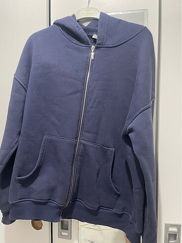 Lacivert oversize kapüşonlu hırka