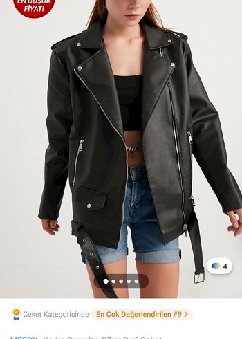 Siyah Kadın Deri Biker Ceket - Görsel 4
