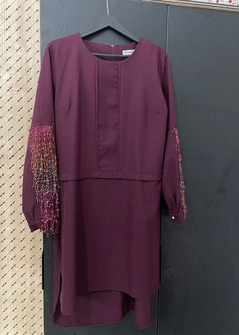 Bordo Uzun Kollu Nakışlı Kadın Tunik Takım
