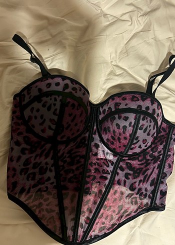 Karanlık Pembe leopar Desenli Dantel Bustiyer - Görsel 3