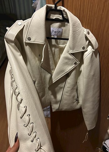 Ekru deri bağcıklı Kadın Ceket - Twist - Görsel 8