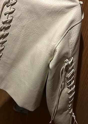 Ekru deri bağcıklı Kadın Ceket - Twist - Görsel 4