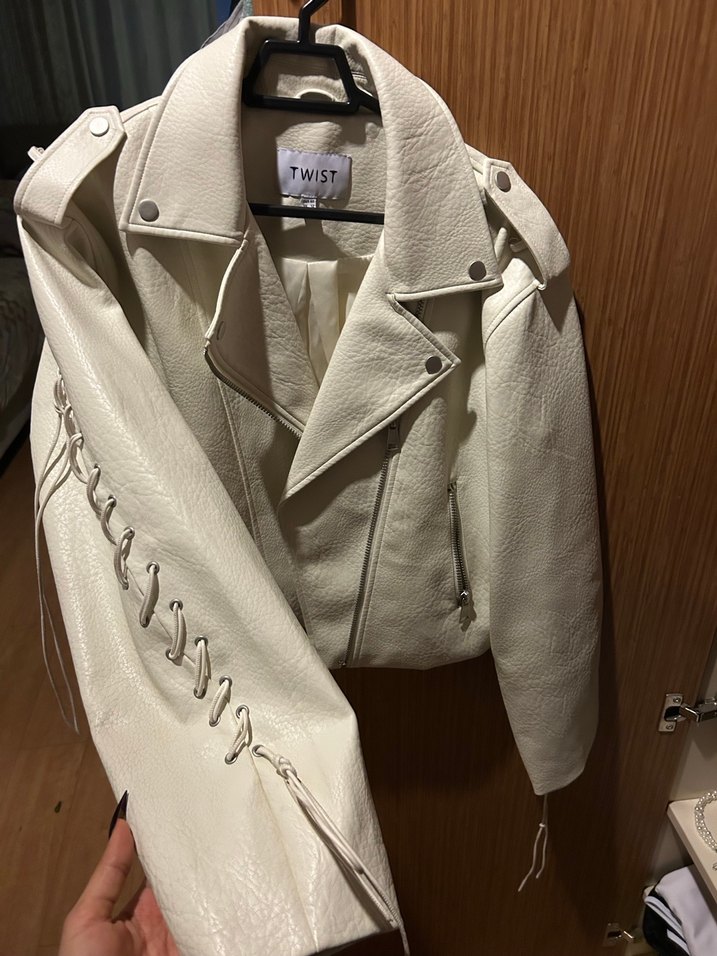 Ekru deri bağcıklı Kadın Ceket - Twist - Görsel 3
