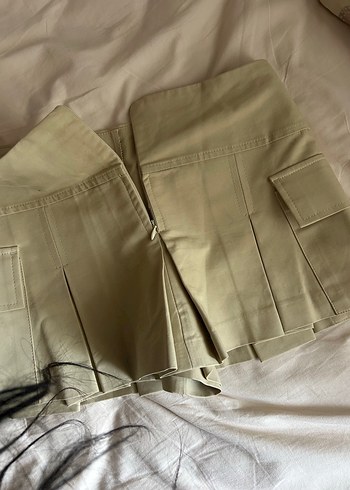 Bej Pilili orta bel içi şortlu mini Etek - Görsel 5