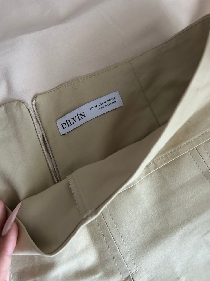 Bej Pilili orta bel içi şortlu mini Etek - Görsel 3