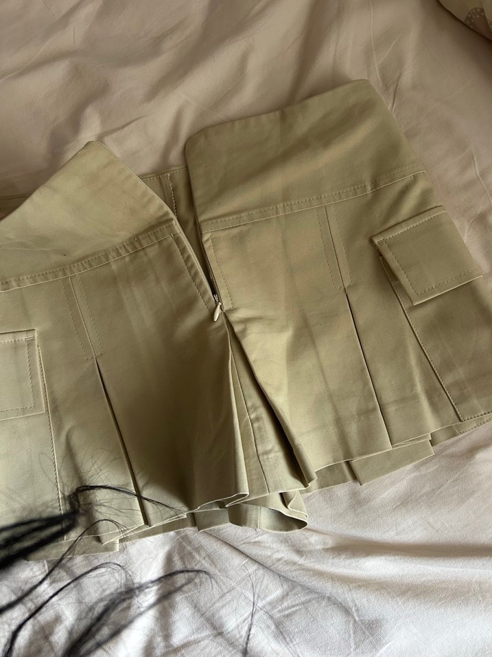 Bej Pilili orta bel içi şortlu mini Etek - Görsel 5