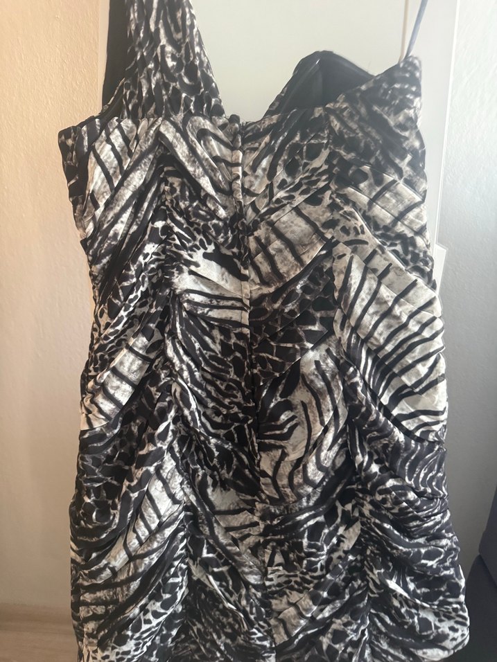 Gri Zebra Desenli Drapeli Mini Elbise - Görsel 5