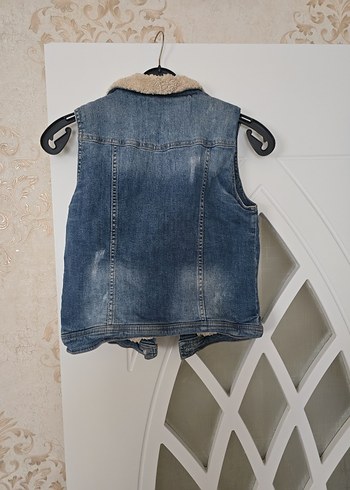 Kürklü Kolsuz Mavi Kot Ceket - Görsel 2