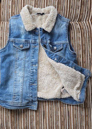 Kürklü Kolsuz Mavi Kot Ceket - Görsel 7