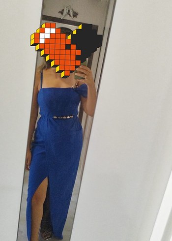 l Beden Mavi Drapeli Straplez Uzun Abiye Elbise