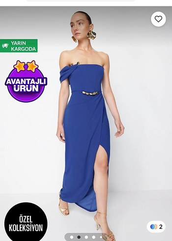 Mavi Drapeli Straplez Uzun Abiye Elbise