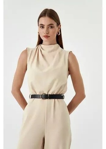 Kemerli Maxi Bej Kadın Tulum - Görsel 5