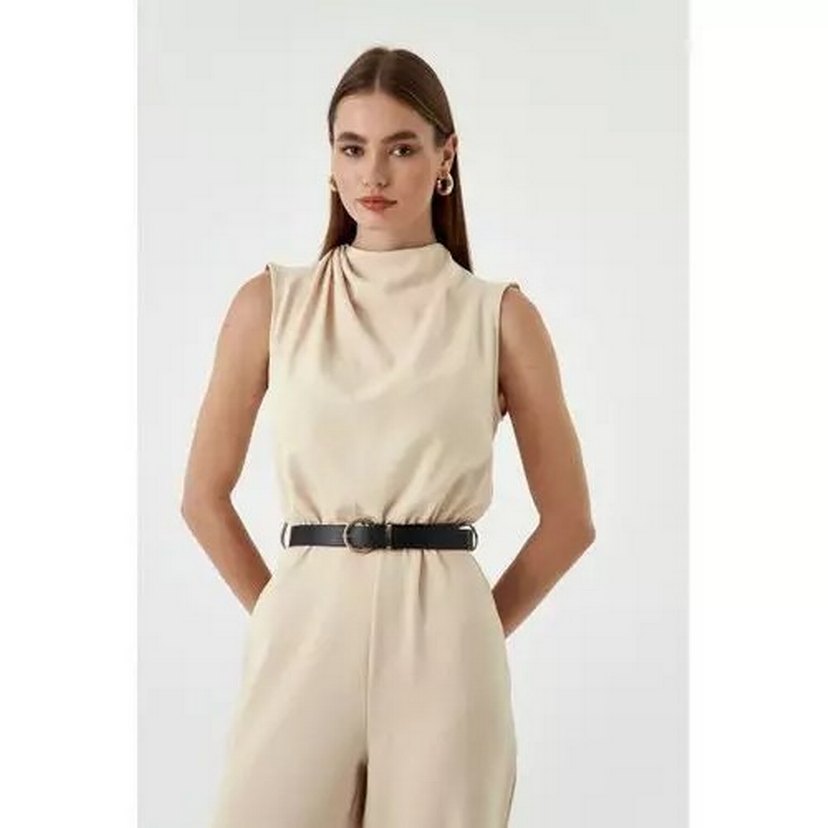 Kemerli Maxi Bej Kadın Tulum - Görsel 5