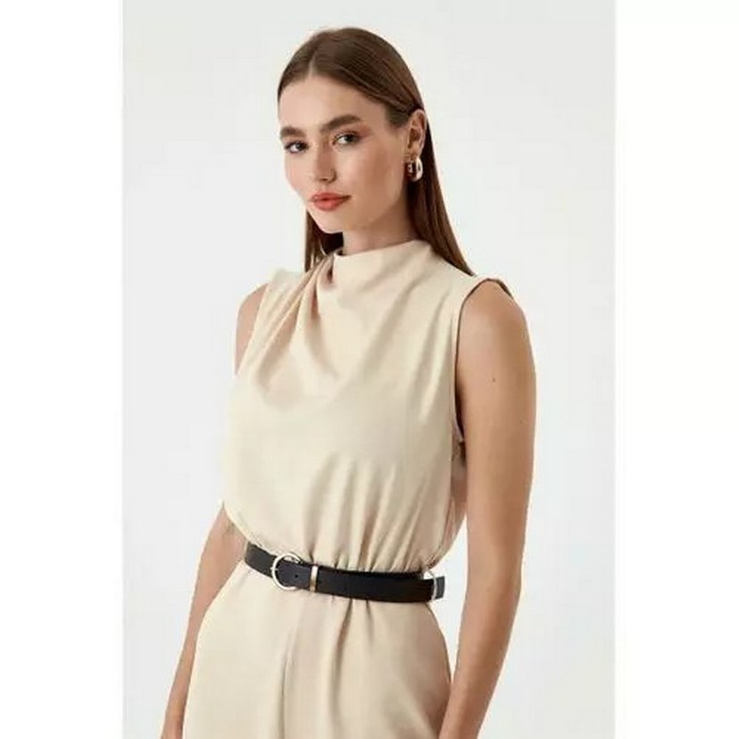 Kemerli Maxi Bej Kadın Tulum - Görsel 4