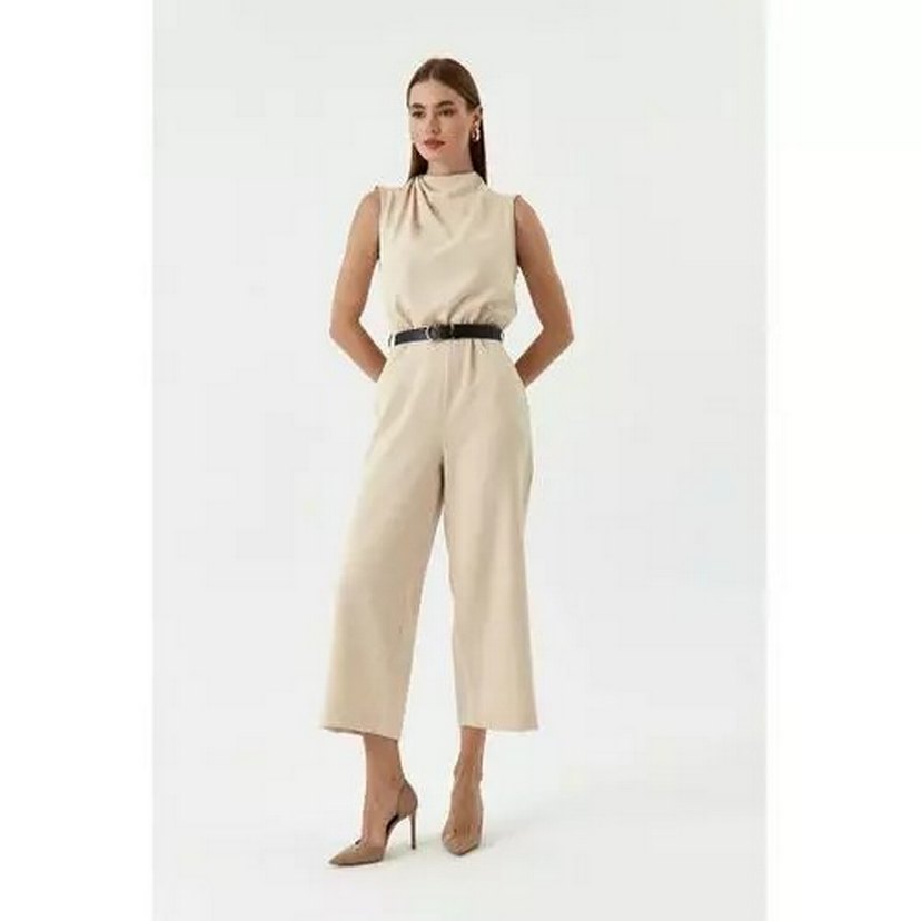 Kemerli Maxi Bej Kadın Tulum - Görsel 2