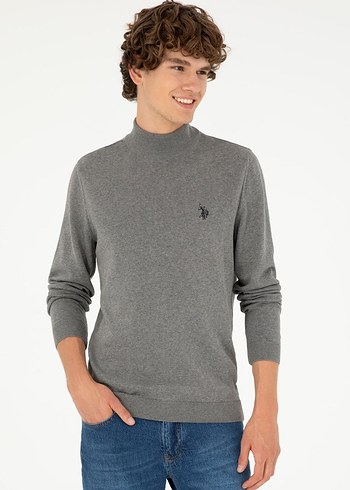 U.S Polo Assn. Erkek Slim Fit Yarım Boğazlı Gri Melanj Basic Kazak