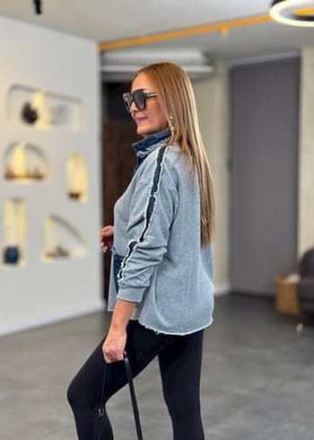 Denim Detay Tasarım Kot Cepli Gri Sweatshirt - Görsel 6