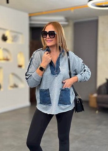 Denim Detay Tasarım Kot Cepli Gri Sweatshirt - Görsel 2