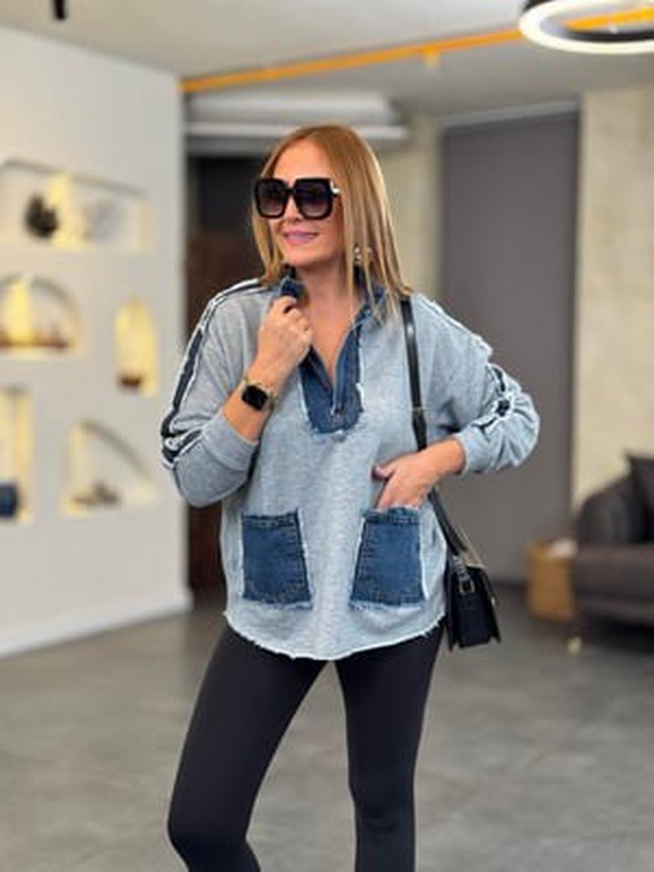 Denim Detay Tasarım Kot Cepli Gri Sweatshirt - Görsel 2