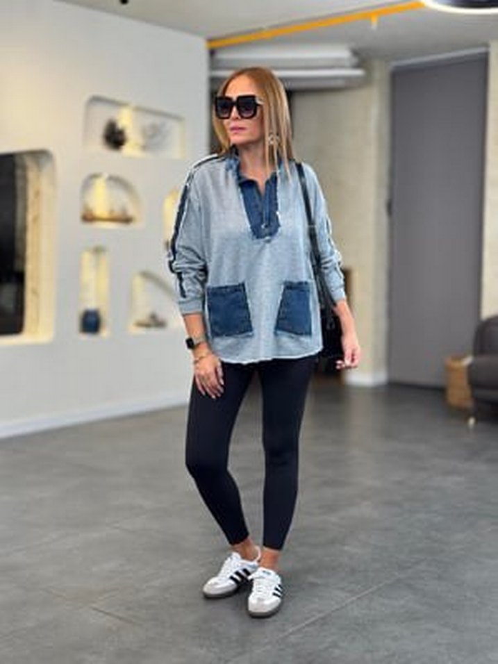 Denim Detay Tasarım Kot Cepli Gri Sweatshirt - Görsel 3