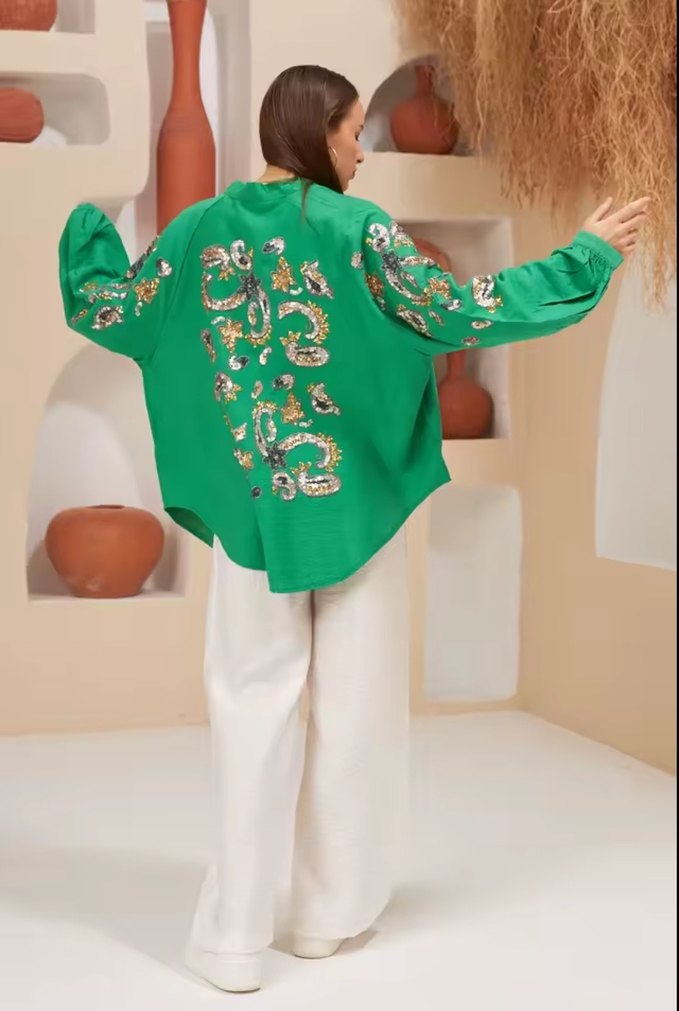 NAKIŞ İŞLEMELİ OVERSIZE KİMONO CEKET - Görsel 5