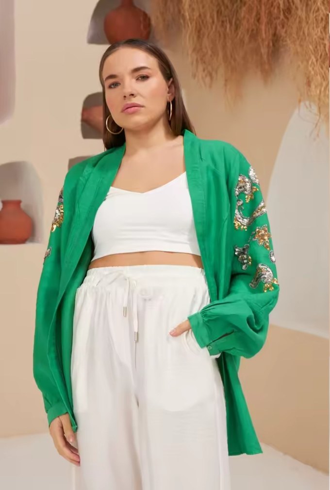 NAKIŞ İŞLEMELİ OVERSIZE KİMONO CEKET - Görsel 2