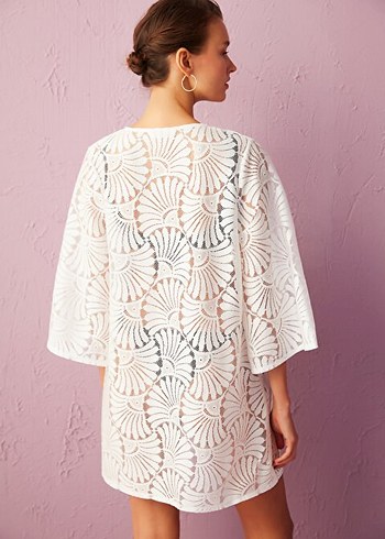 Beyaz Natural Lace Kimono  Natural Lace Kaftan - Görsel 8