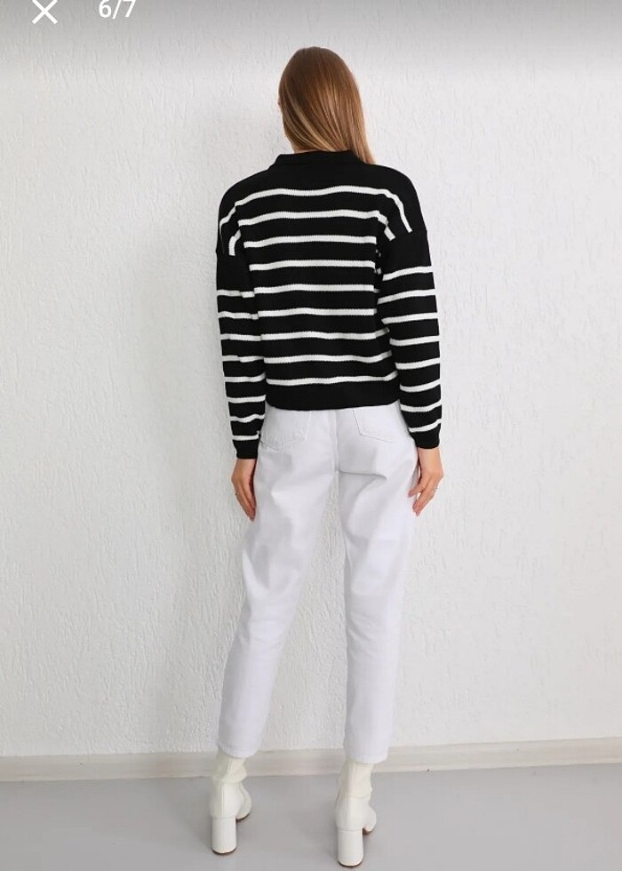 Polo yaka çizgili triko kazak  - Görsel 3