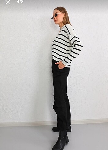 Polo yaka çizgili triko kazak - Görsel 2