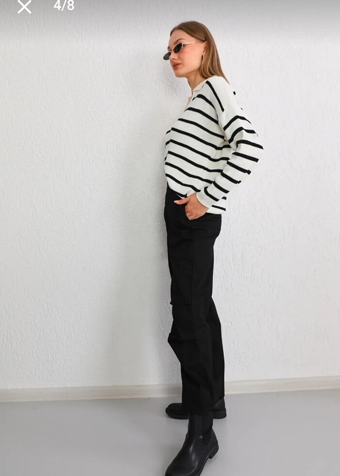 Polo yaka çizgili triko kazak  - Görsel 2