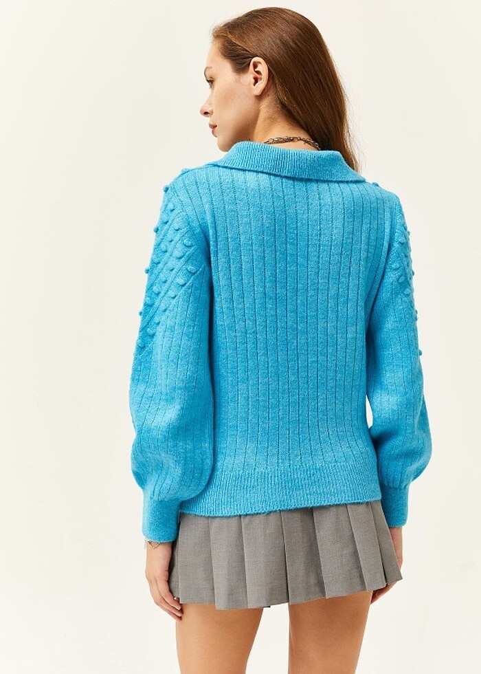 Mavi Gömlek Yaka Triko Kazak - Görsel 3