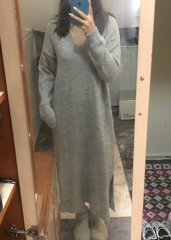 m Beden gri Renk Lcw gri V Yaka Uzun Örgü Kadın elbise