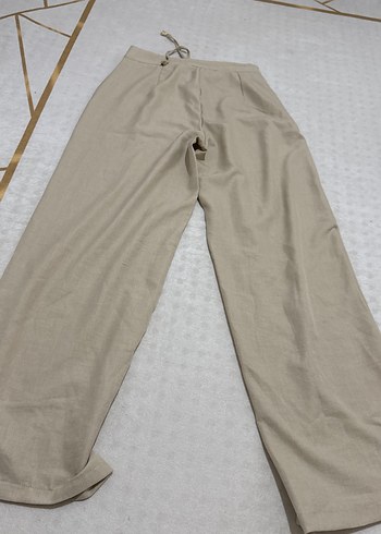 Bej Kemerli Kadın Keten Pantolon - Görsel 3