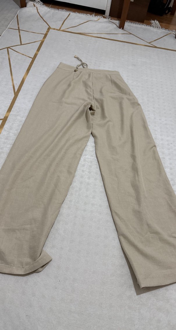 Bej Kemerli Kadın Keten Pantolon - Görsel 3