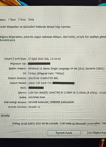 Beden ASUS TUF DASH F15 24GB RTX 3050 1TB SSD 144HZ GAMİNG LAPTOP OYUN