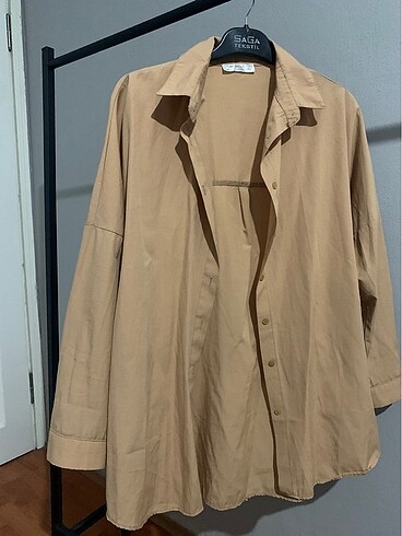Kadın Camel Oversize Uzun Basic Gömlek