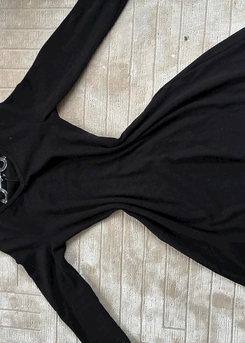 Siyah V Yaka Uzun Kollu Midi Elbise - Görsel 4