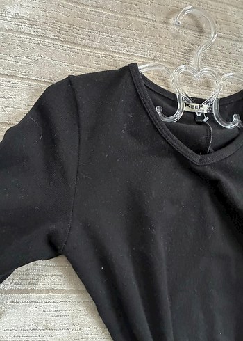 Siyah V Yaka Uzun Kollu Midi Elbise - Görsel 2