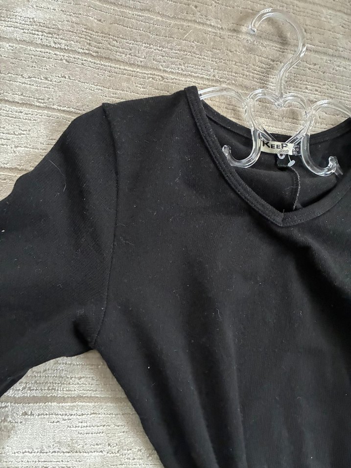 Siyah V Yaka Uzun Kollu Midi Elbise - Görsel 2