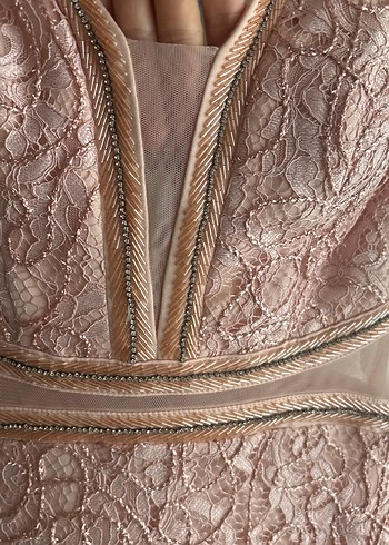 Somon pudra  İşlemeli Dantel Uzun Abiye Elbise - Görsel 3