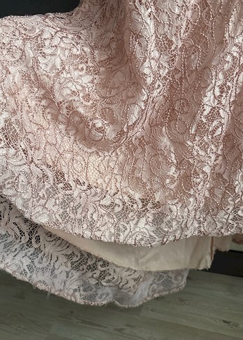 Somon pudra  İşlemeli Dantel Uzun Abiye Elbise - Görsel 4