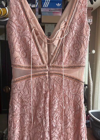 Somon pudra  İşlemeli Dantel Uzun Abiye Elbise - Görsel 5