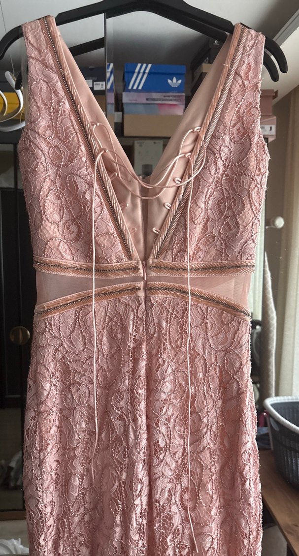 Somon pudra  İşlemeli Dantel Uzun Abiye Elbise - Görsel 5